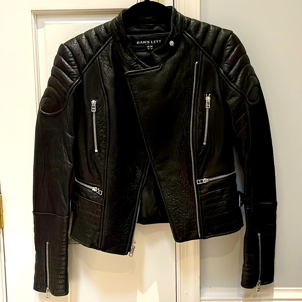 Beautiful buttery soft Dawn Levy black leather moto jacket with tons of details
